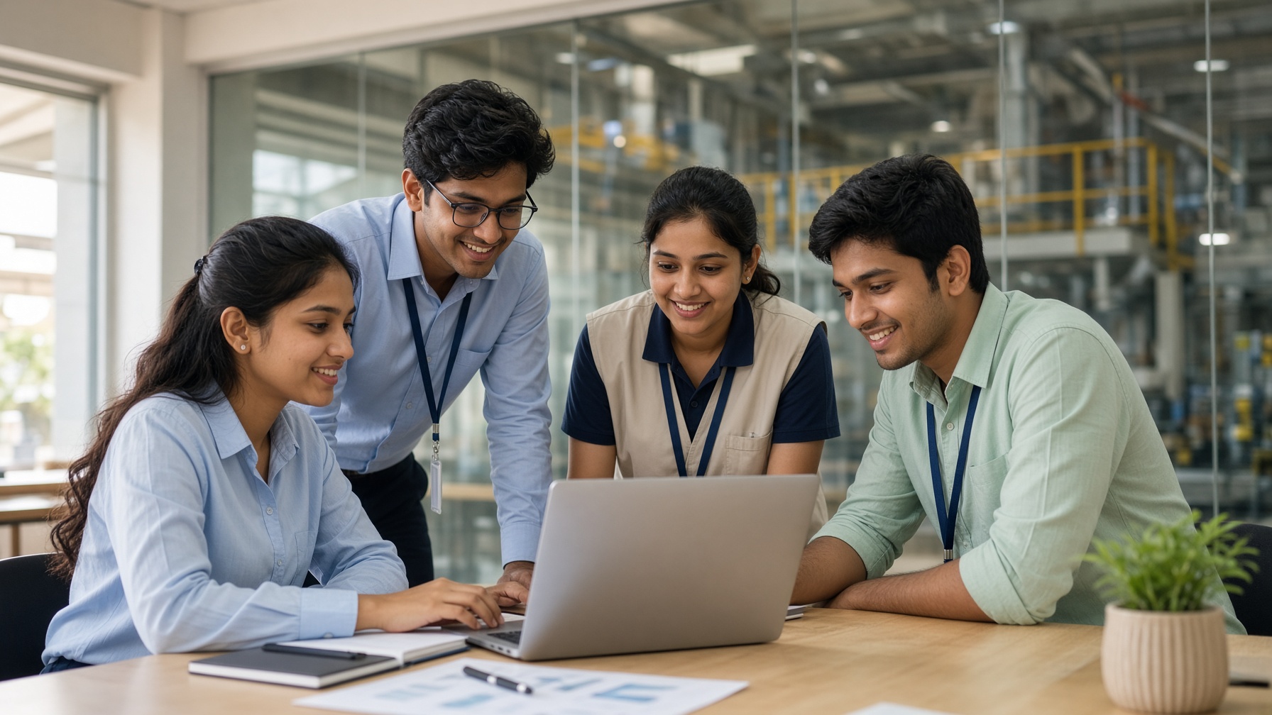 Young interns in a plant conference room